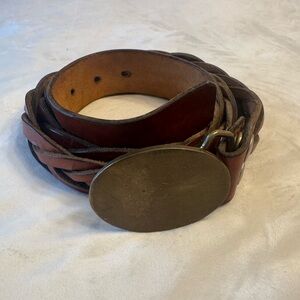 VTG! BTS Solid Brass! Braided Brown Leather Belt w/ Solid Brass Oval Buckle